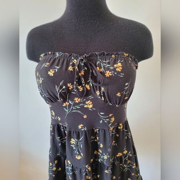Dark Floral Midi Dress Milkmaid Festival Cottage Maiden Fairy Tiered Smocked - Picture 1 of 9